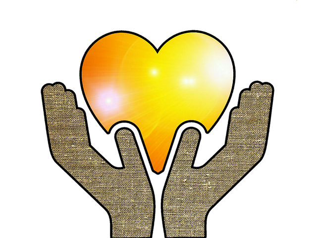Cartoon heart in hands