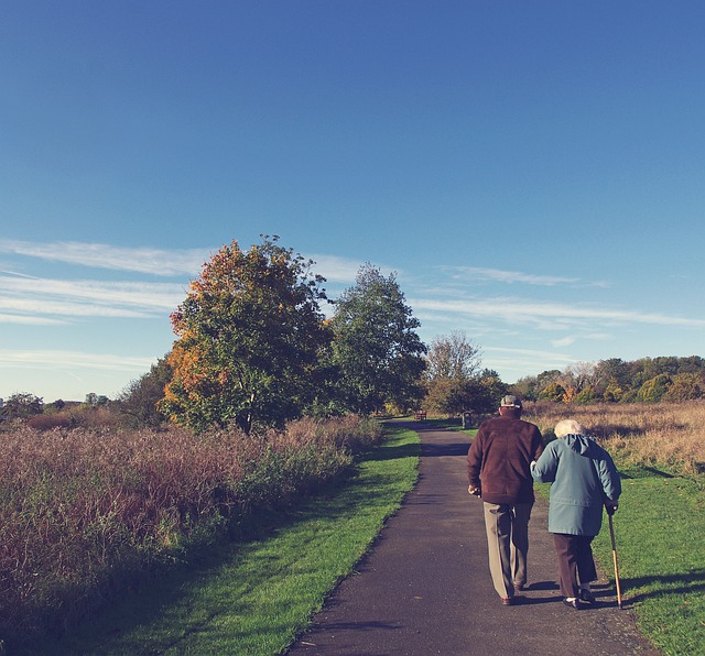 Elderly couple walking